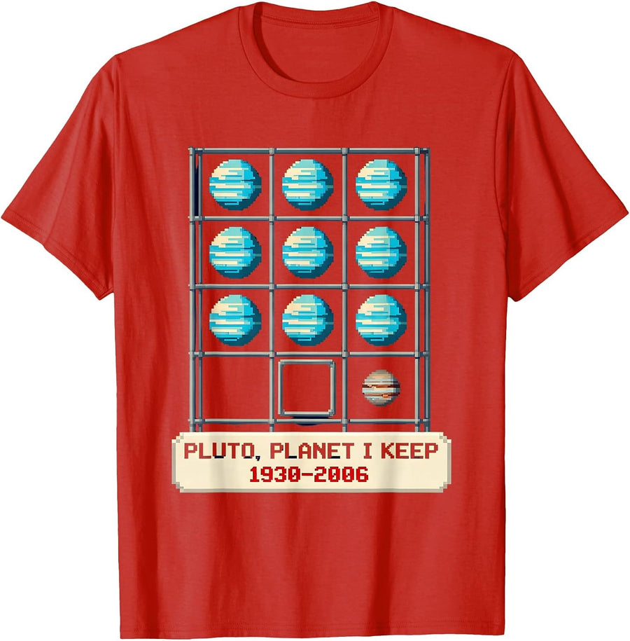 Men's PLUTO, PLANET I KEEP 1930–2006 Pixel Art Space Humor T-Shirt - Red
