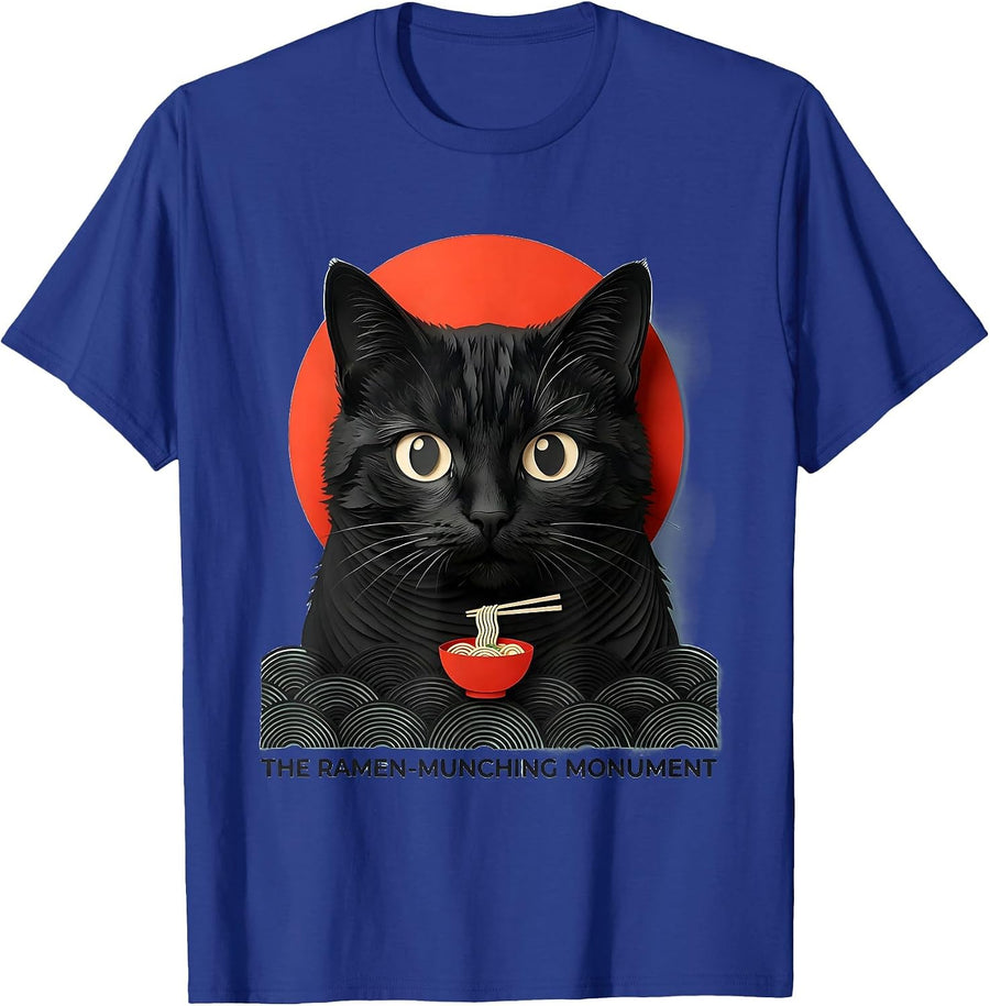 The Ramen-Munching Monument Funny Kaiju Cat Vintage Japanese T-Shirt - Royal Blue