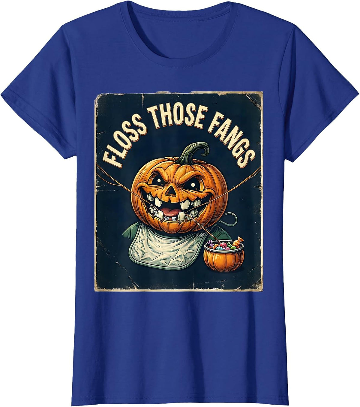 Women's Floss Those Fangs Vintage Halloween Dentist Dental Humor T-Shirt - Royal Blue
