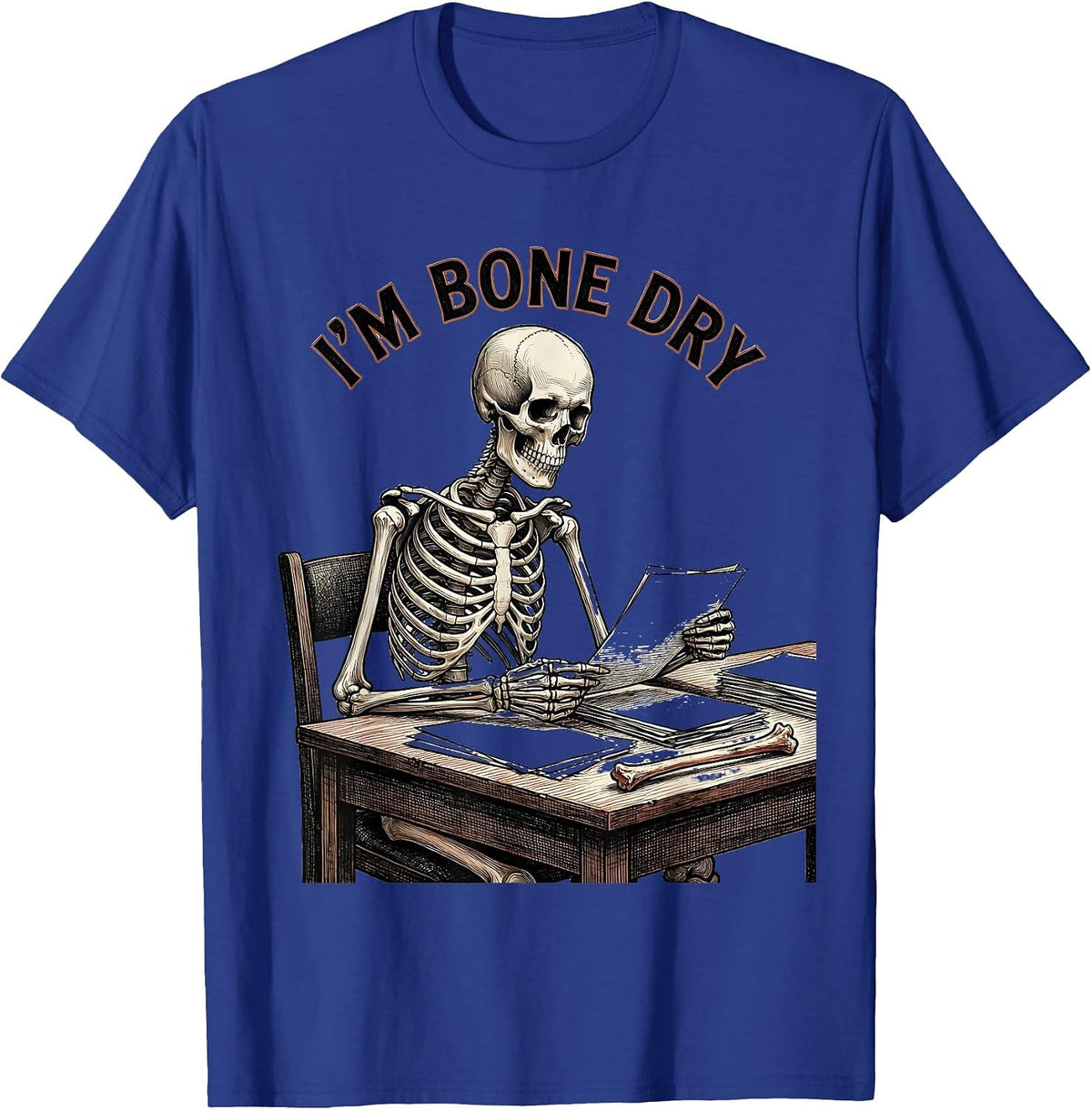 Men's I'm Bone Dry Crosshatch Etching Halloween Skeleton Humor T-Shirt - Royal Blue