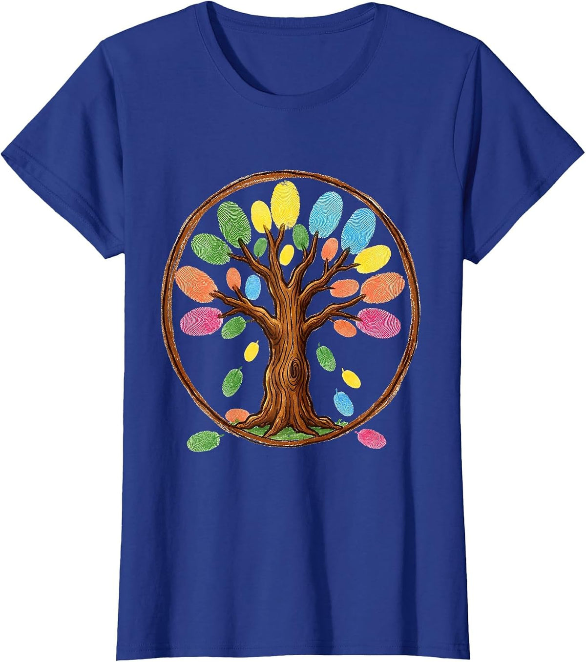 Women's Kindergarten Teacher Fingerprint Tree Colorful Art T-Shirt - Royal Blue