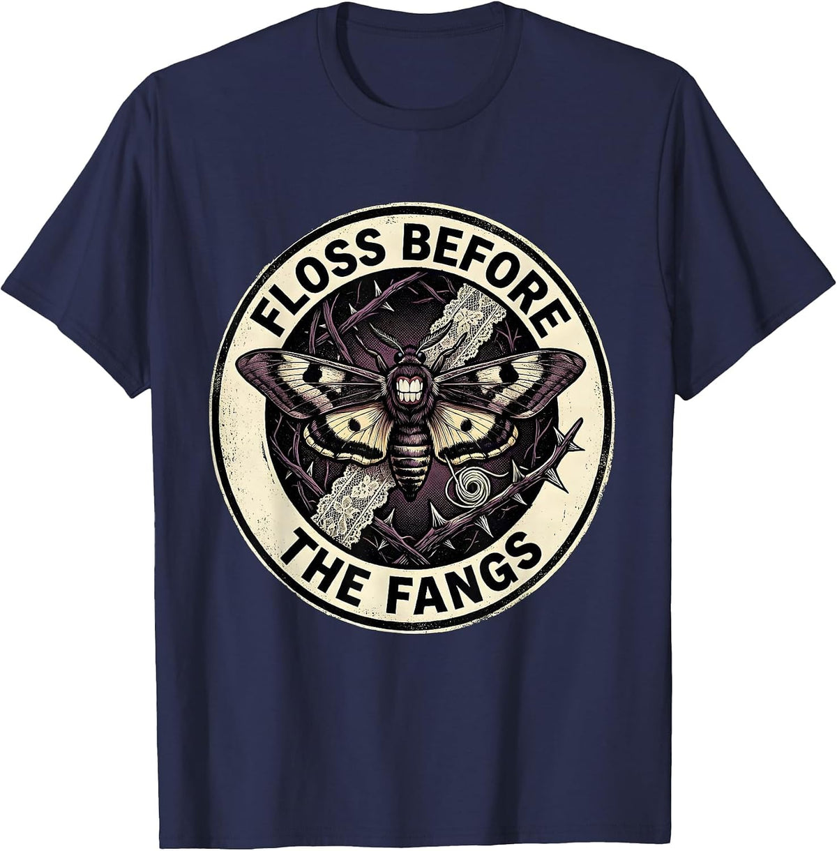 Floss Before The Fangs Dental Halloween Design T-Shirt - Navy Blue