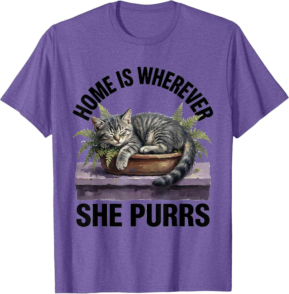Men's Home Is Wherever She Purrs Cute Kitten Floral Cat Lover Gift T-Shirt - Purple Heather
