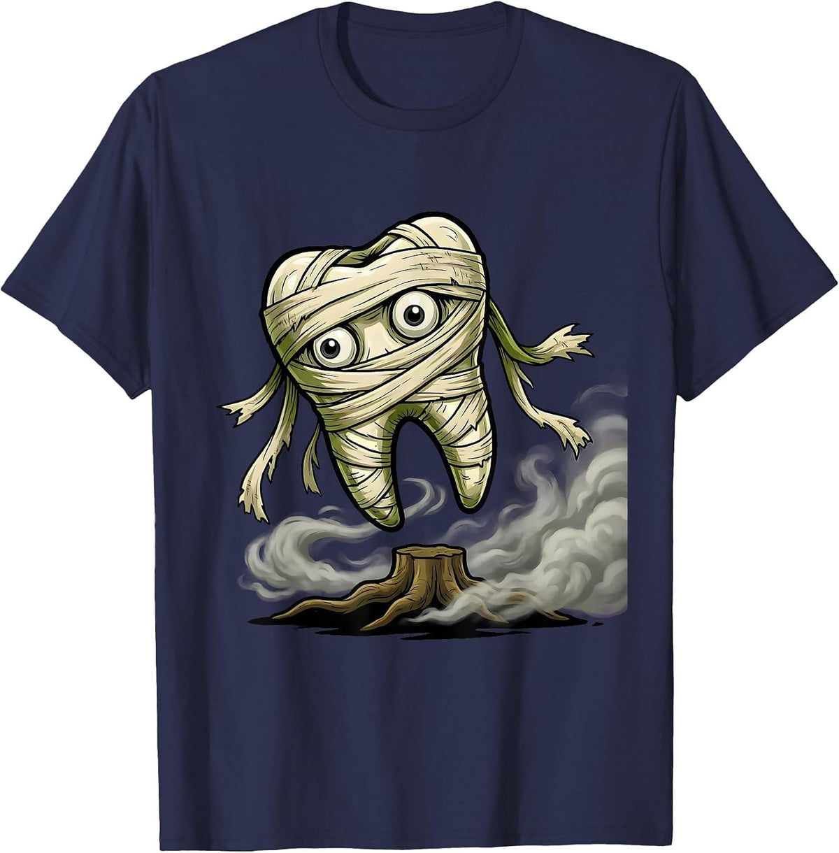 Men's Mummy Tooth Halloween Spooky Dental Design T-Shirt - Navy Blue