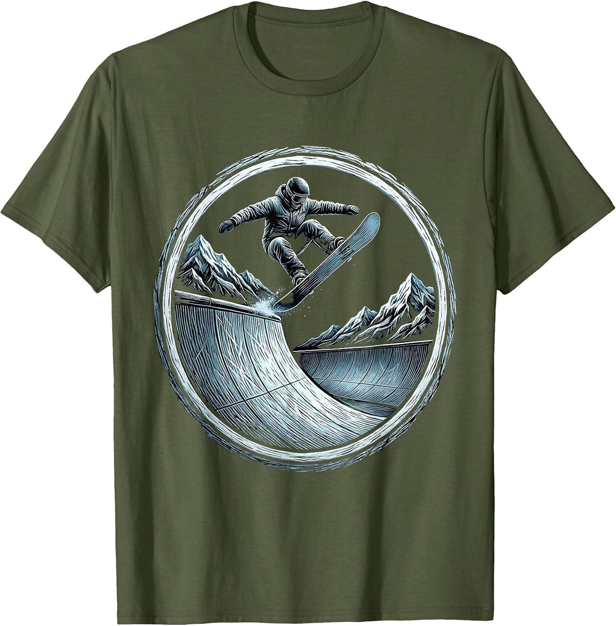 Men's Snowboarder Halfpipe Launch Winter Sports Graphic T-Shirt - Olive Green