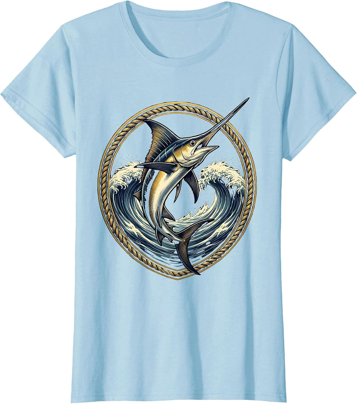 Swordfish Splitting Ocean Wave Graphic T-Shirt - Baby Blue