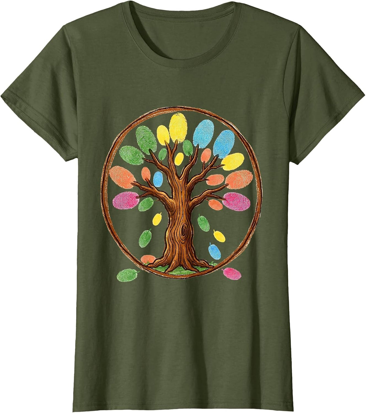 Women's Kindergarten Teacher Fingerprint Tree Colorful Art T-Shirt - Olive Green