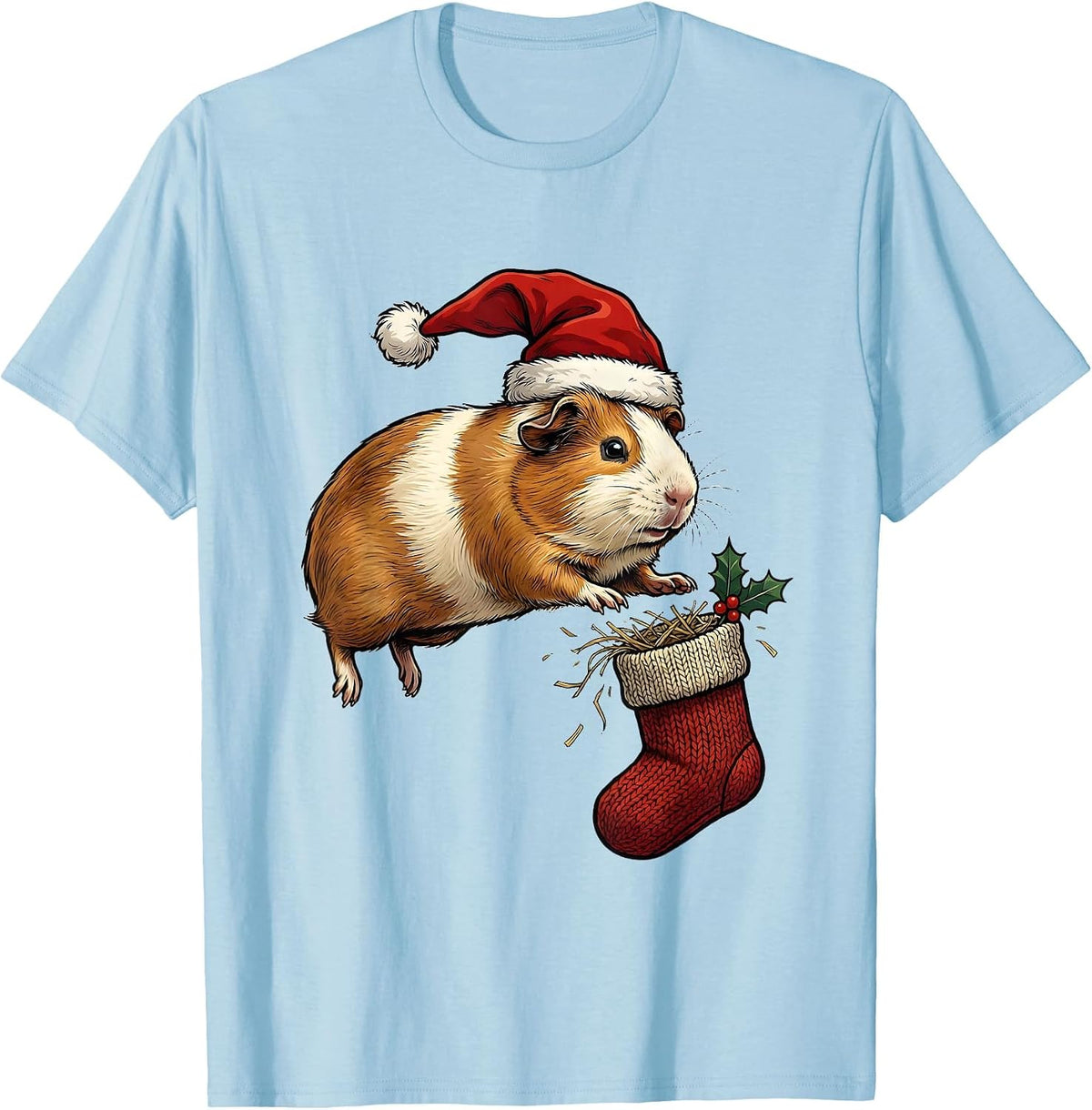 Guinea Pig Santa Hat Funny Christmas Pet Lover T-Shirt - Baby Blue