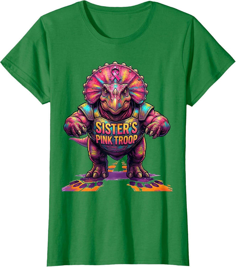Women's Sister's Pink Troop Colorful Dinosaur Breast Cancer T-Shirt - Kelly Green