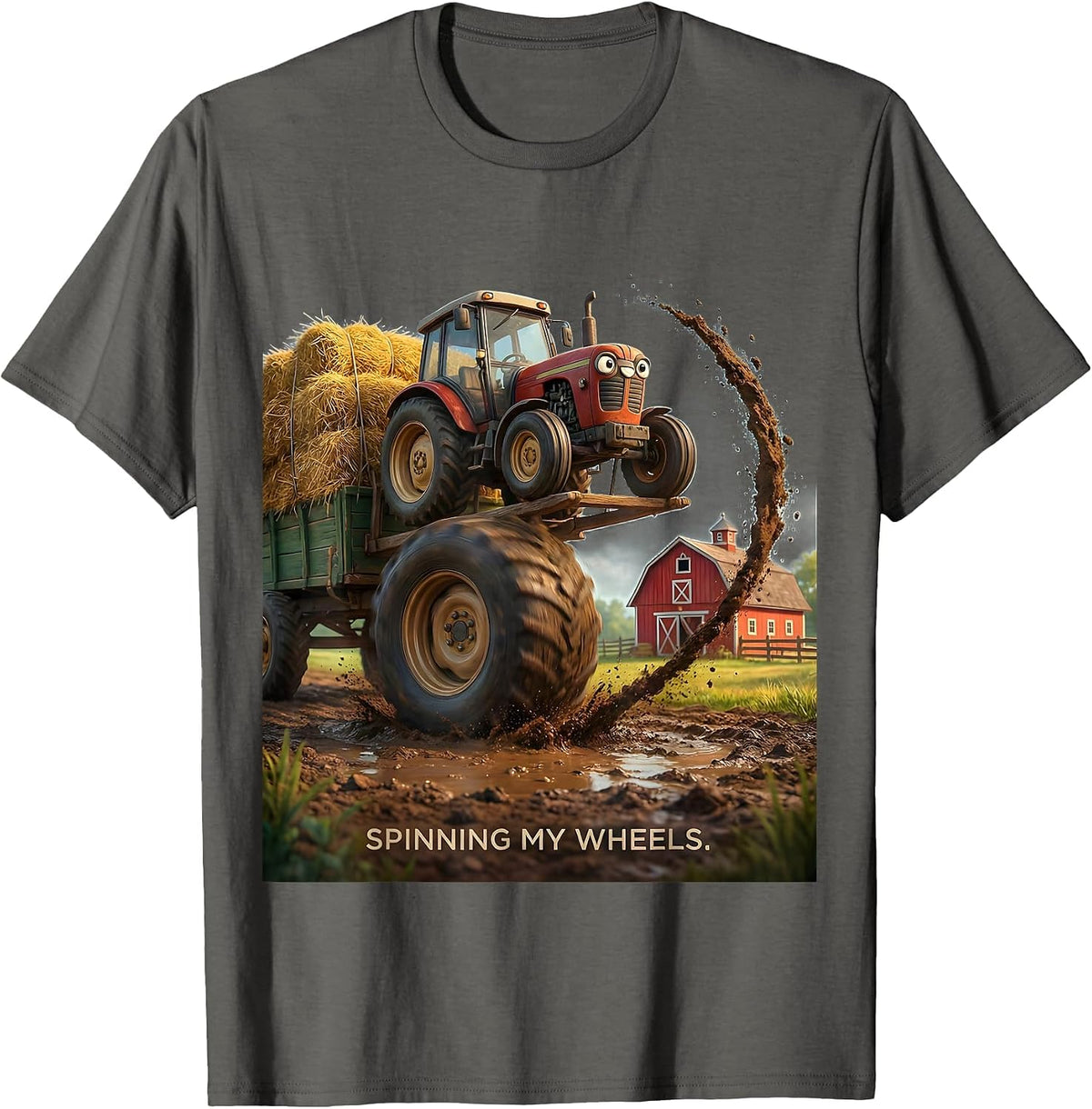 Spinning My Wheels Funny Farm Tractor Rural Life Humor T-Shirt - Asphalt Grey