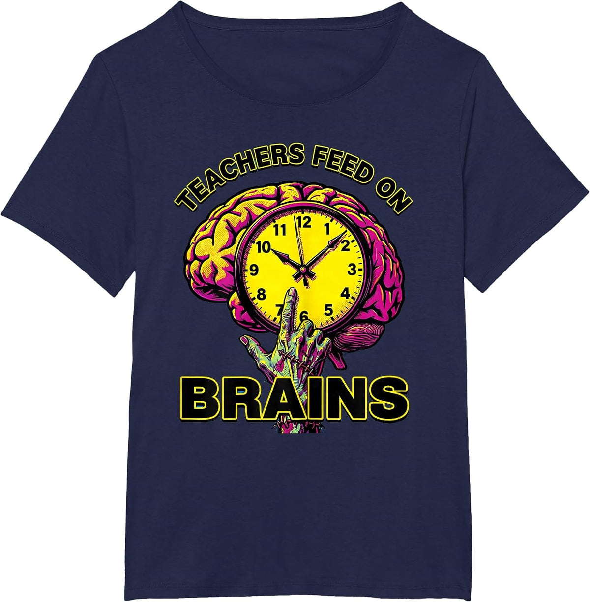 Women's Teachers Feed On Brains Pop Art Funny Halloween Teacher T-Shirt - Navy Blue
