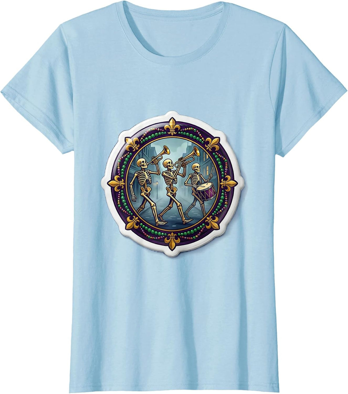Women's Mardi Gras Jazz Skeleton Band Foggy Street March T-Shirt - Baby Blue
