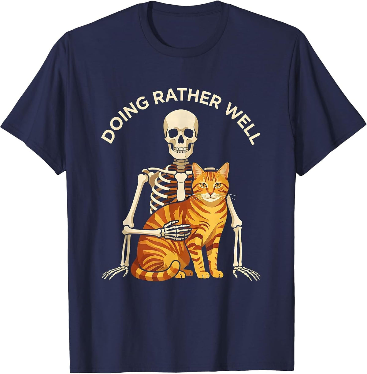 Men's Doing Rather Well Geometric Skeleton Hugging Cat Halloween T-Shirt - Navy Blue