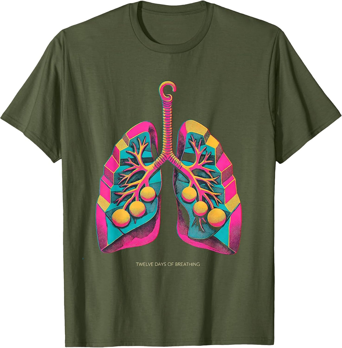 Twelve Days Of Breathing Risograph Respiratory Therapist T-Shirt - Olive Green