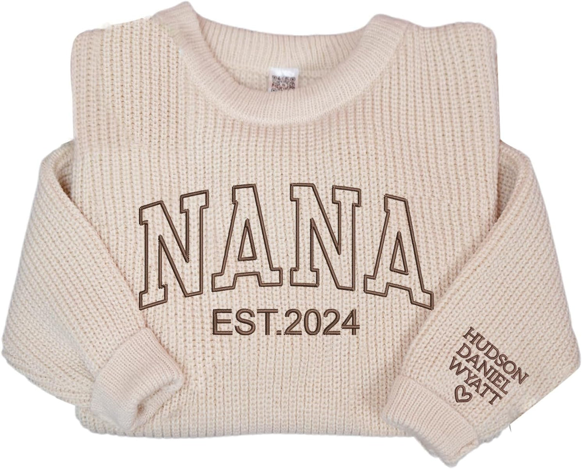 NAZENTI Custom Embroidered Grandma Sweater with Kids Name on Sleeve, Personalized Mama Sweatshirt, Grandma Sweatshirt Gifts