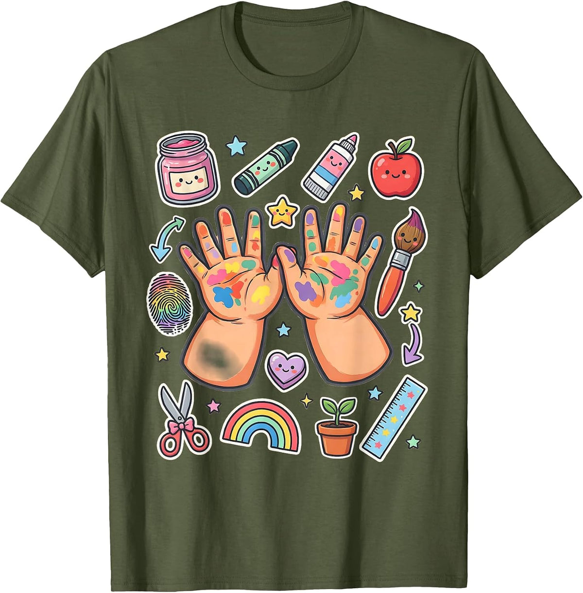Kindergarten Teacher Paint Hands Graphic T-Shirt - Olive Green