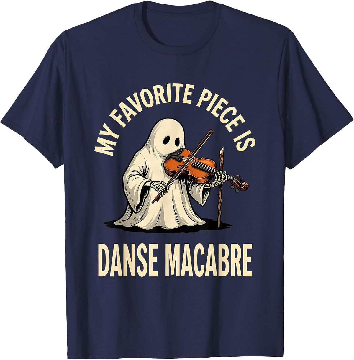 My Favorite Piece Is Danse Macabre Whimsical Halloween Ghost T-Shirt - Navy Blue