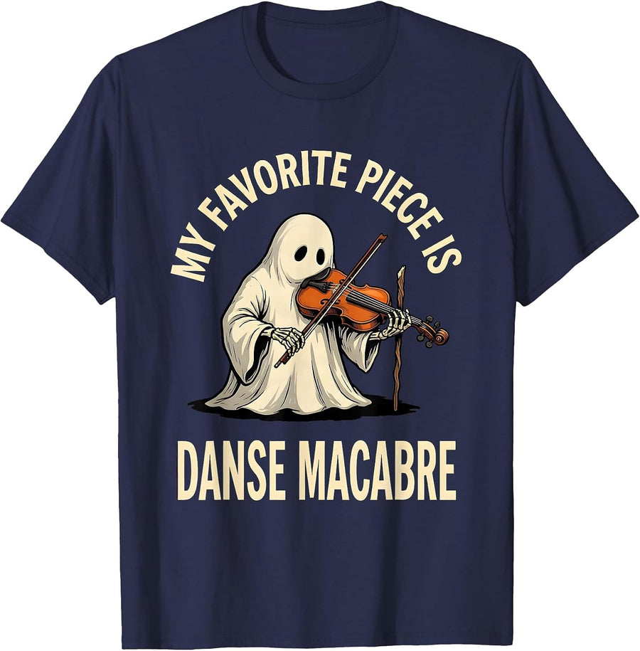 My Favorite Piece Is Danse Macabre Whimsical Halloween Ghost T-Shirt - Navy Blue