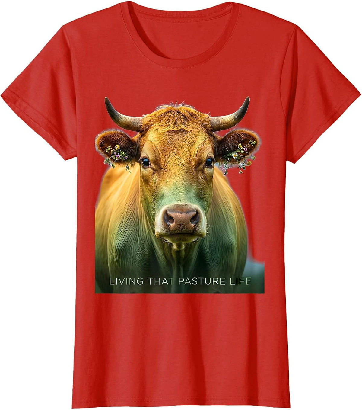 Women's Living That Pasture Life Cow Graphic Design T-Shirt - Red