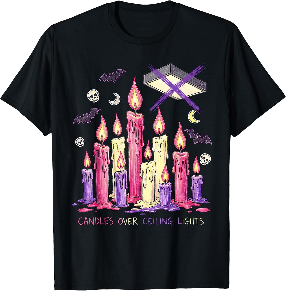 Men's Candles Over Ceiling Lights Goth Aesthetic Design T-Shirt - Black