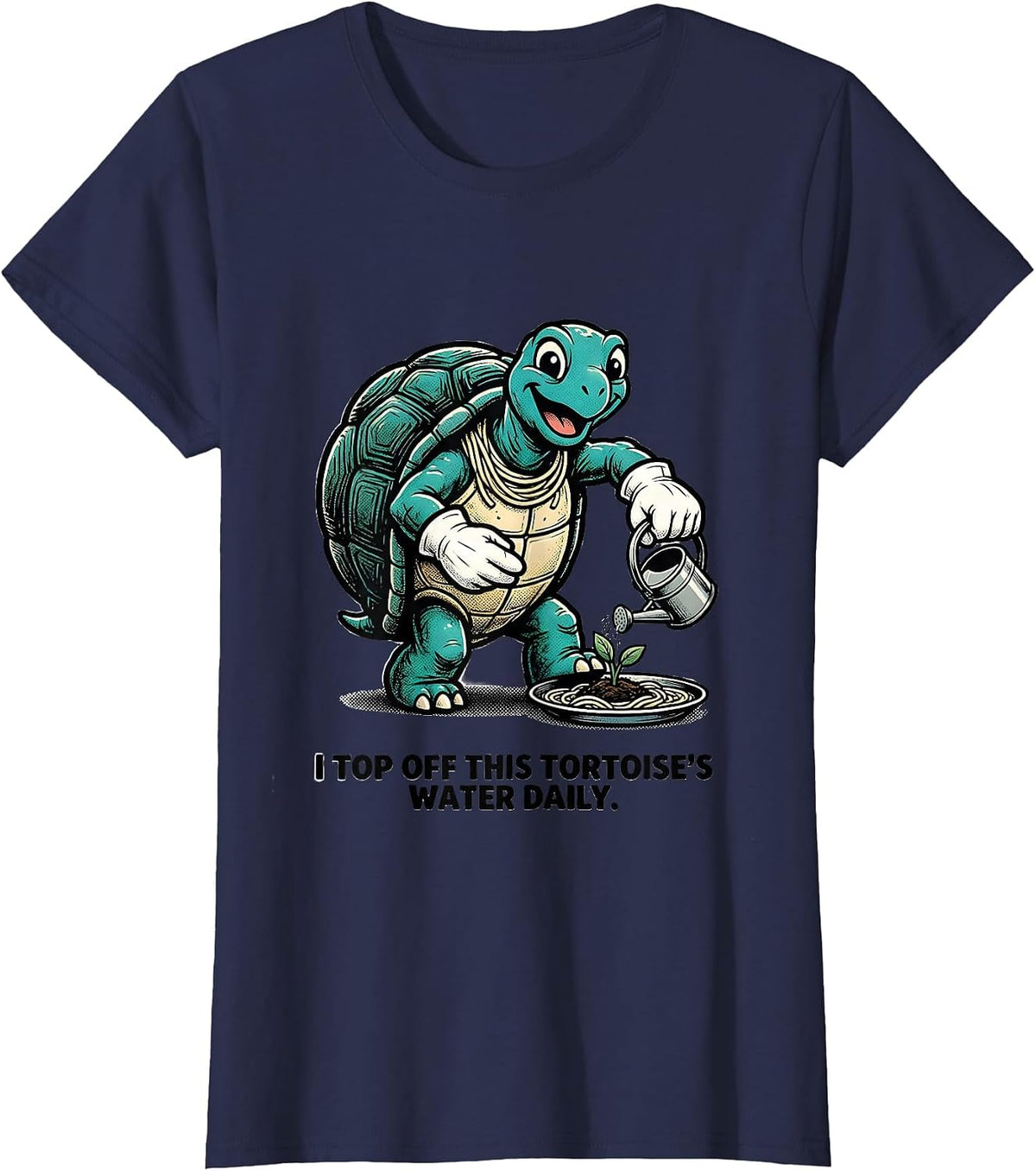 Women's I Top Off This Tortoise's Water Daily Retro Cartoon Turtle T-Shirt - Navy Blue