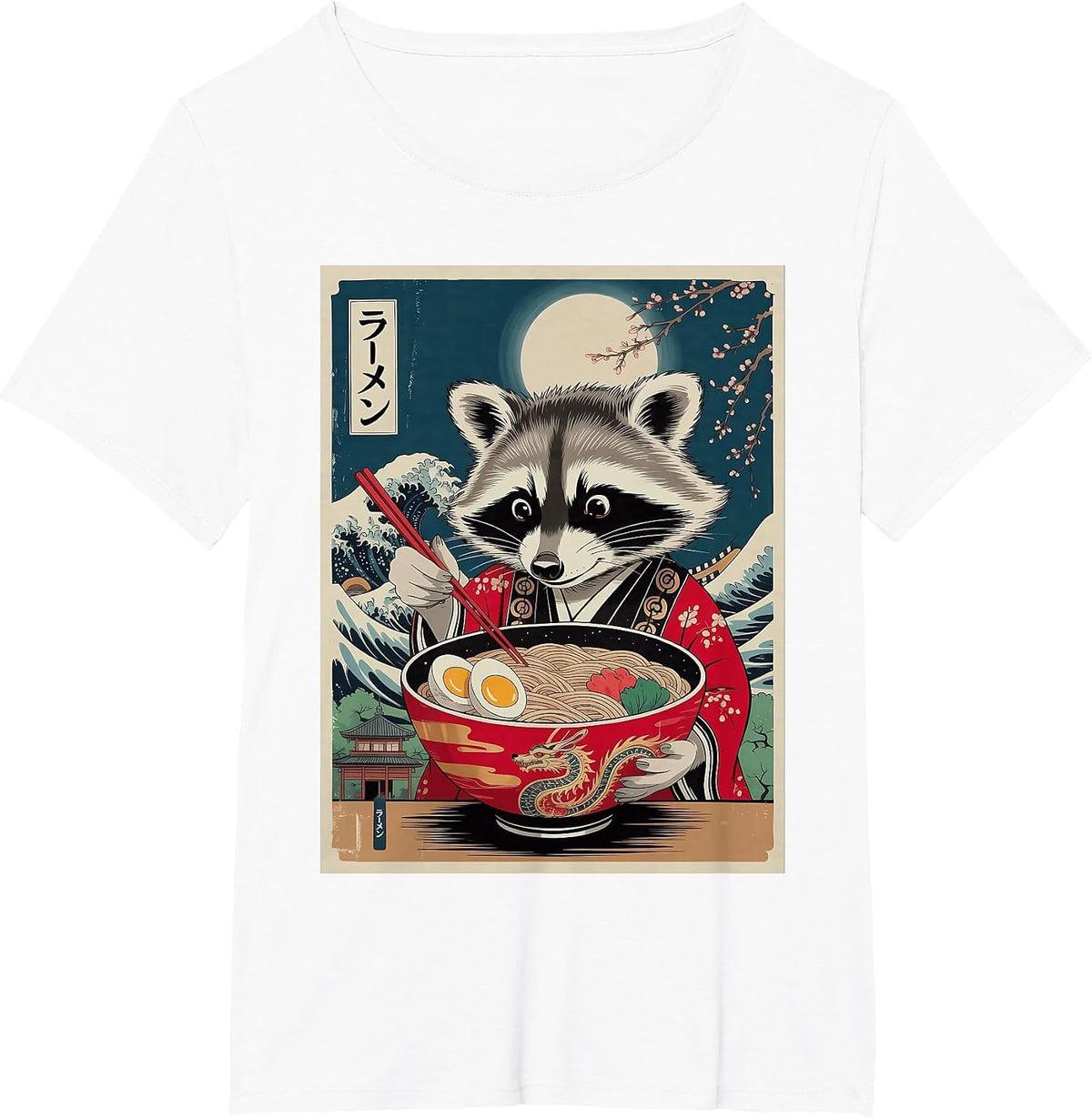 Funny Raccoon Eating Ramen Japanese Noodles Racoon Anime T-Shirt - White