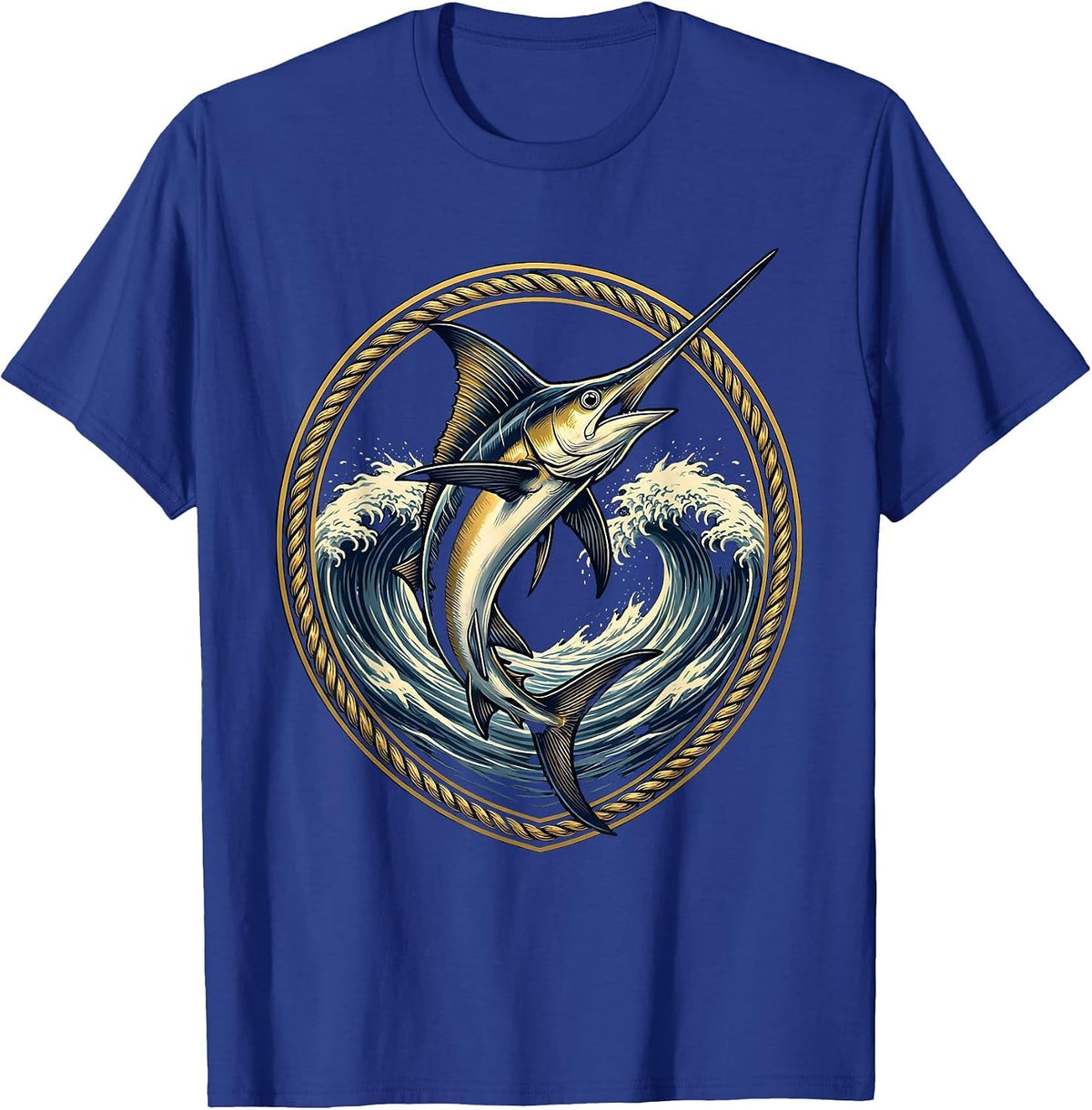 Swordfish Splitting Ocean Wave Graphic T-Shirt - Royal Blue