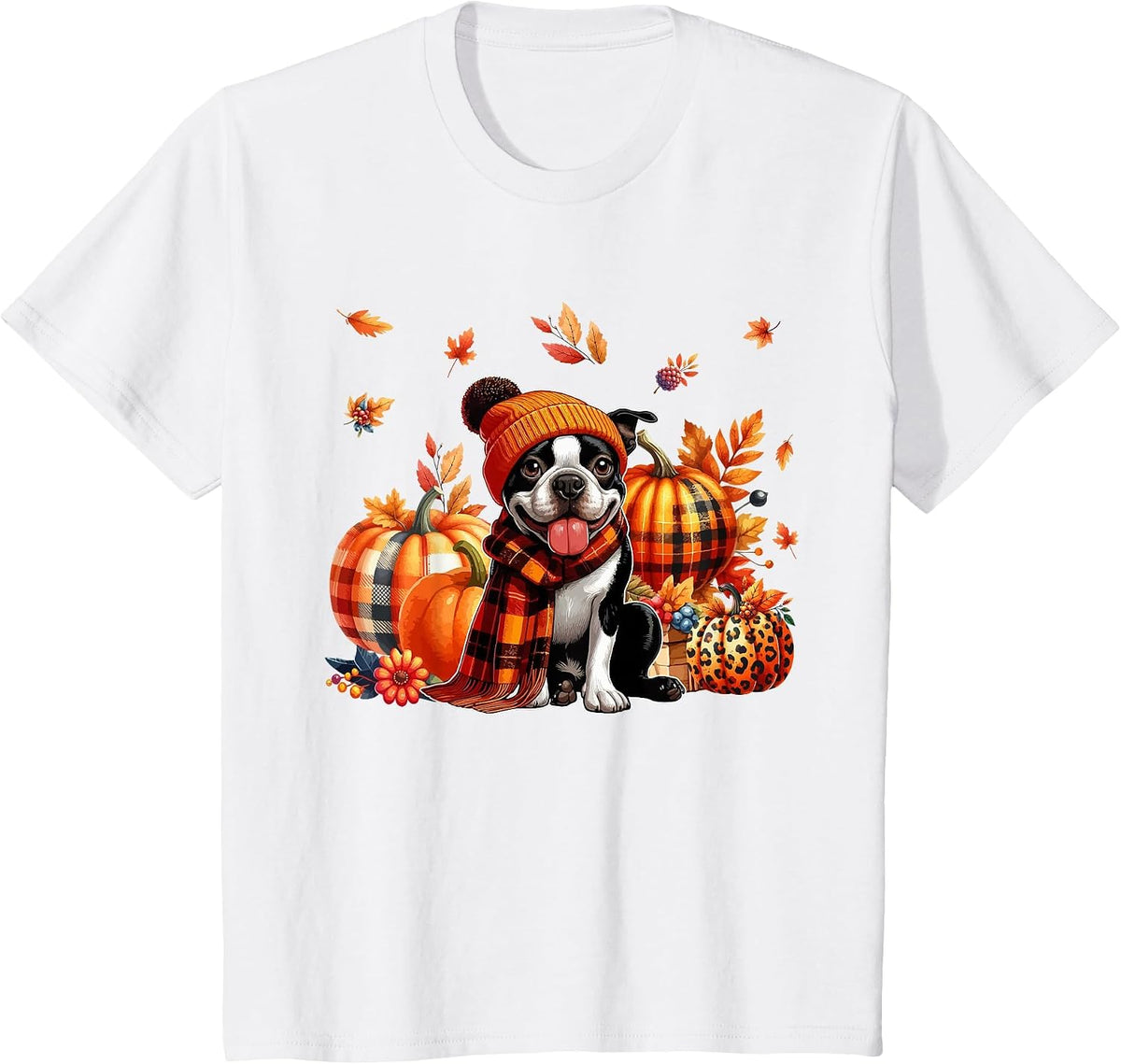 Boston Terrier Thanksgiving Leopard Pumpkins Fall Leaves T-Shirt - White