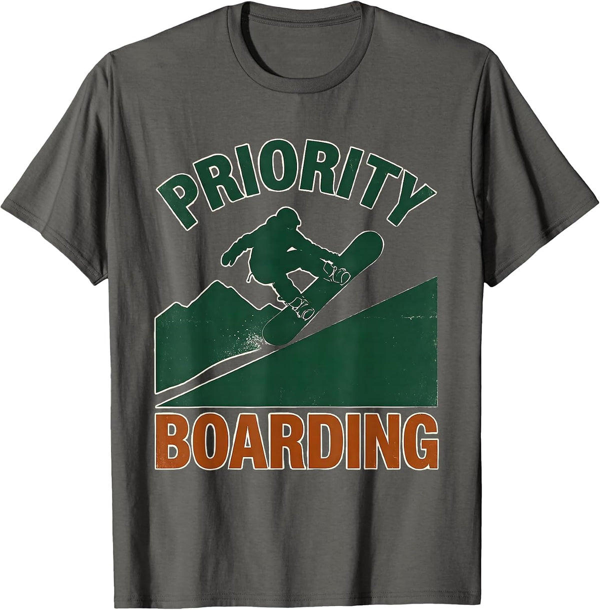 Priority Boarding Vintage Snowboarder Ski Dad Deadpan Humor T-Shirt - Asphalt Grey