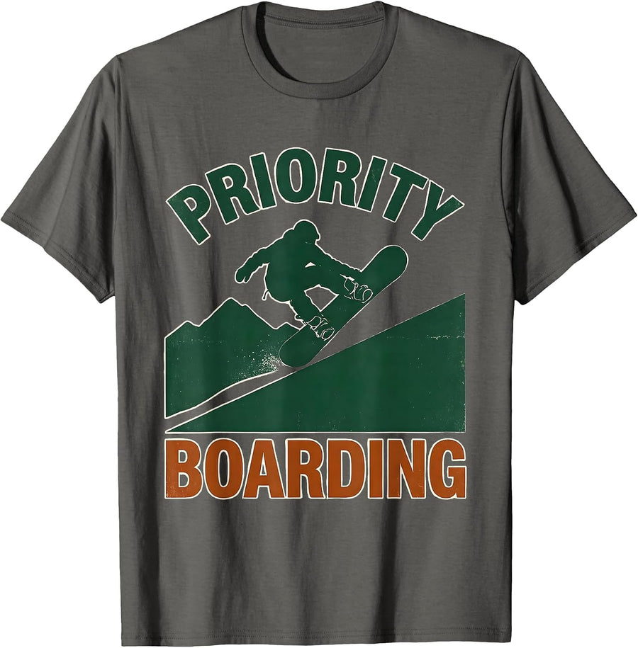 Priority Boarding Vintage Snowboarder Ski Dad Deadpan Humor T-Shirt - Asphalt Grey