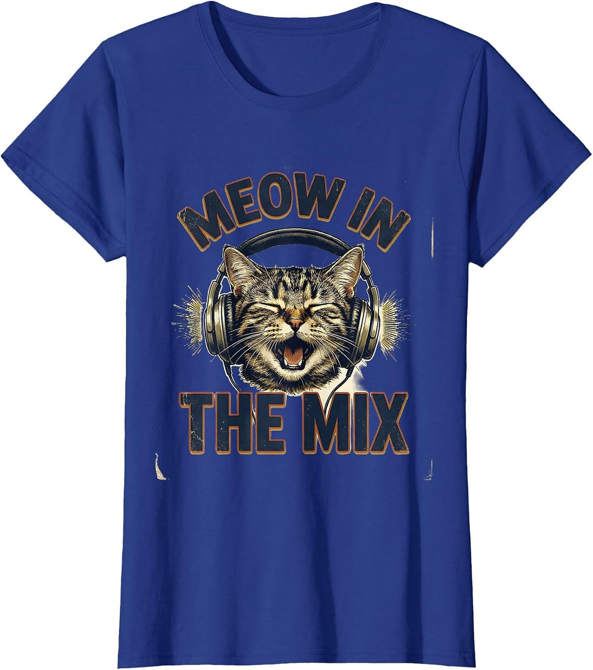 Women's Meow In The Mix Vintage Cat DJ Headphones Music Humor T-Shirt - Royal Blue