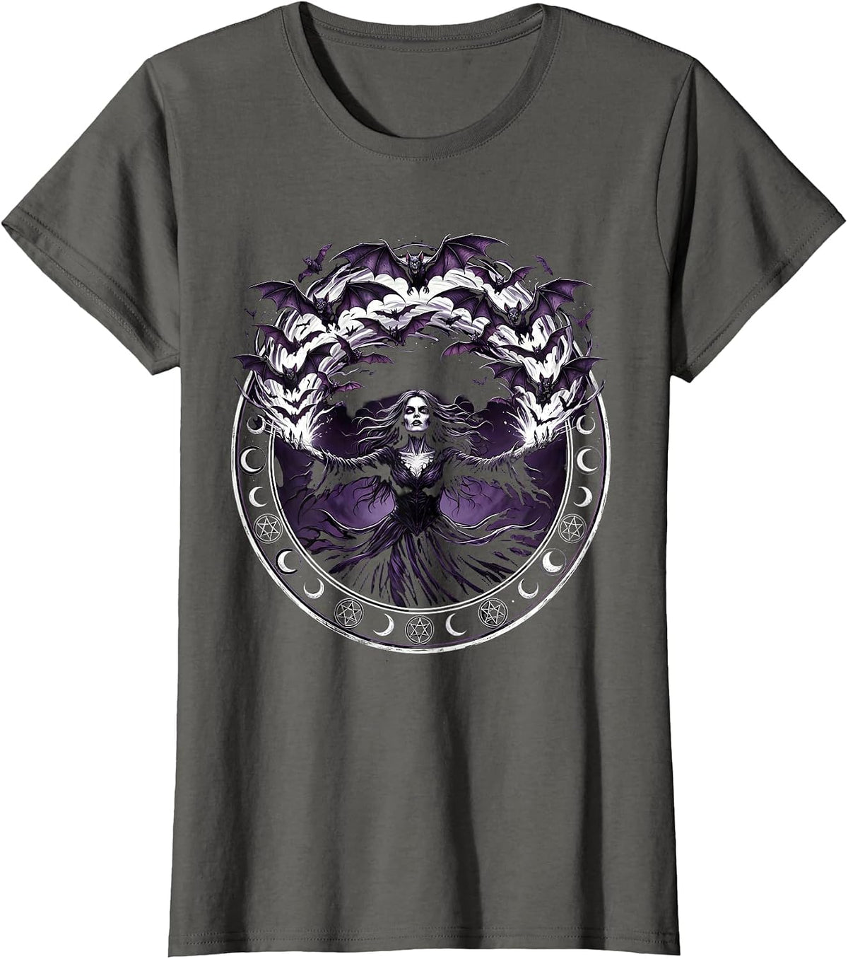 Women's Goth Woman Releasing Bats Dark Art Design T-Shirt - Asphalt Grey