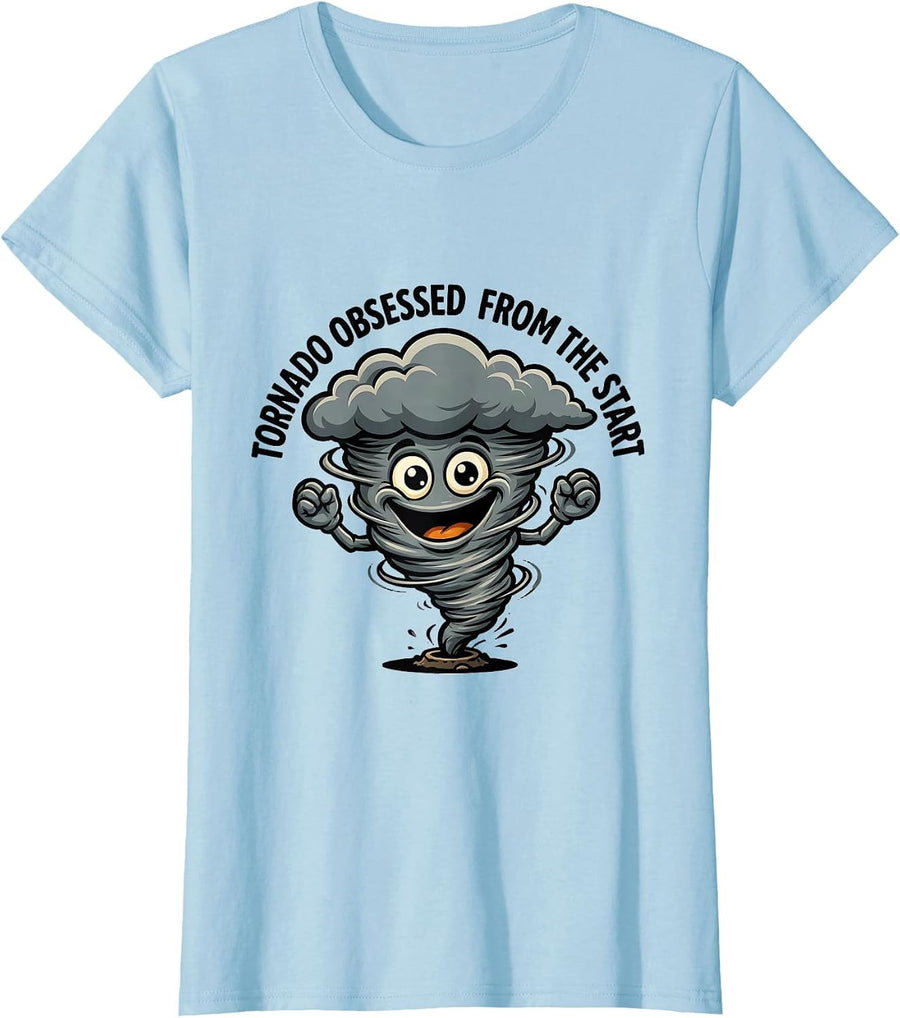 Women's Tornado Obsessed From The Start Cartoon Storm Chaser T-Shirt - Baby Blue