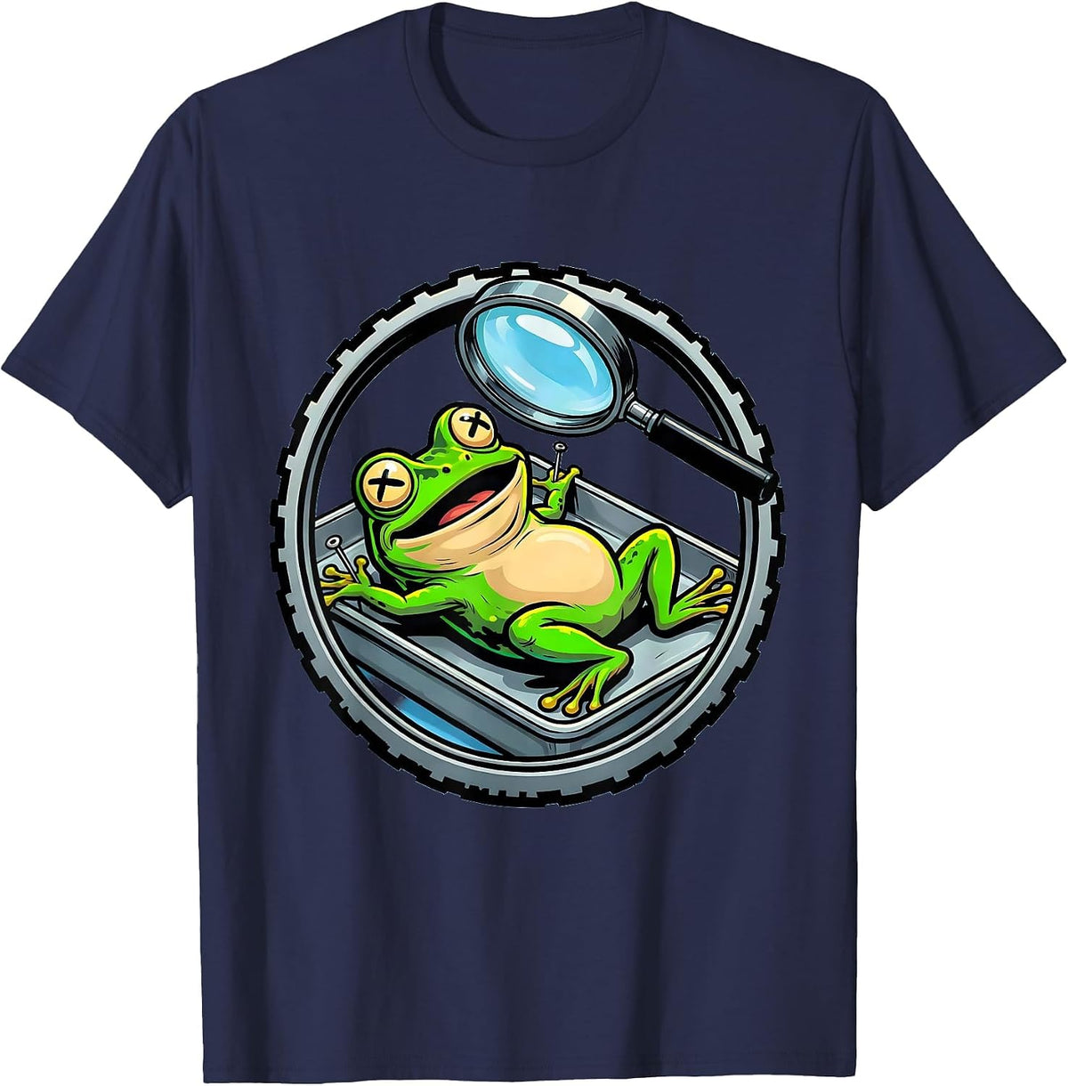 Men's Frog Dissection Tray Magnifier Science Art T-Shirt - Navy Blue