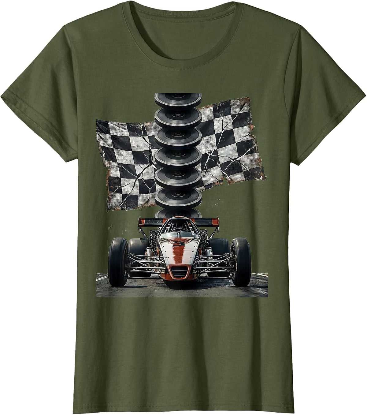 Women's Distressed Dragster Column RC Car Racing Enthusiast Humor T-Shirt - Olive Green