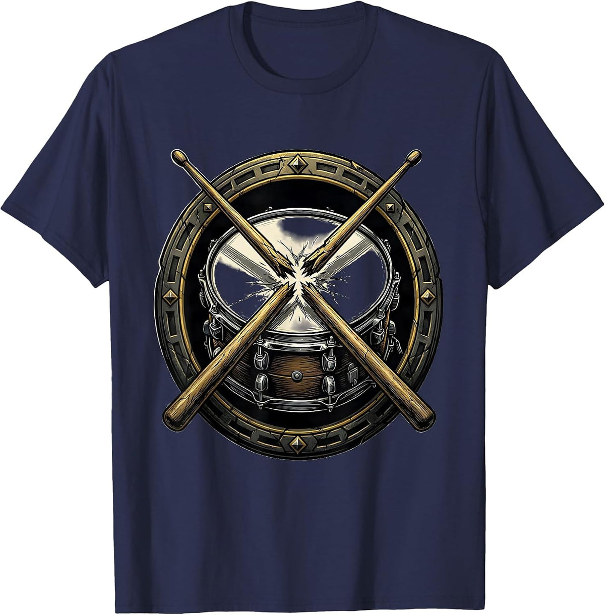 Broken Drumsticks on Snare Drum Rock Band Graphic T-Shirt - Navy Blue