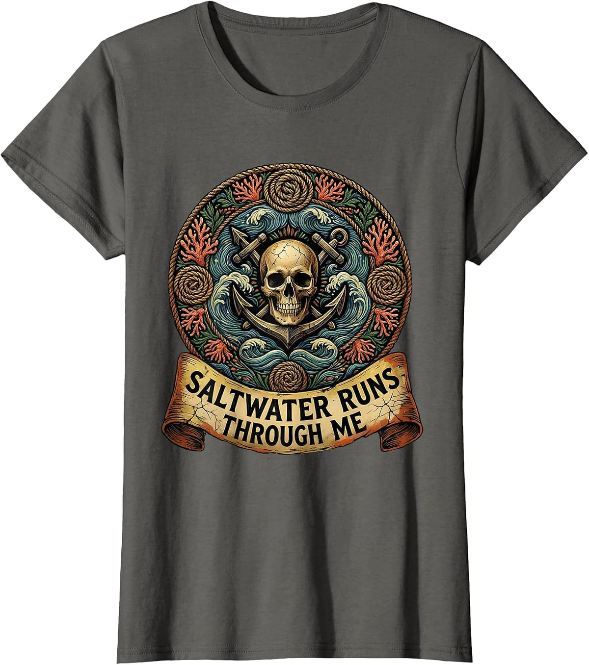 Women's Saltwater Runs Through Me Pirate Design T-Shirt - Asphalt Grey