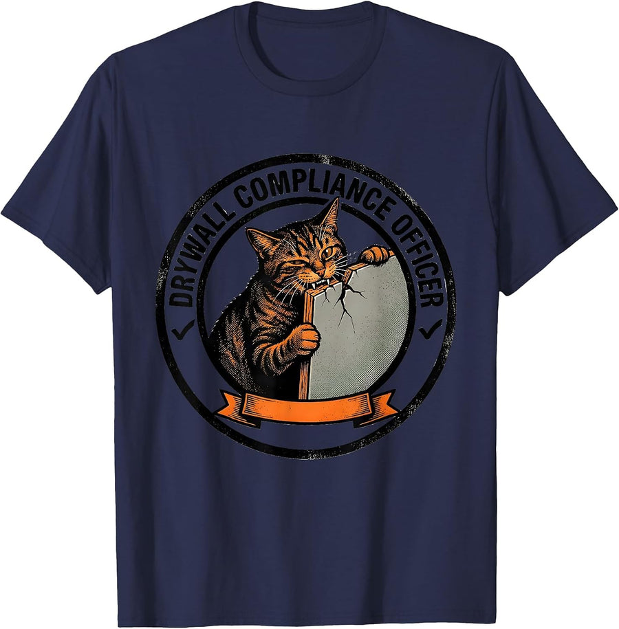Drywall Compliance Officer Funny Cat Meme Bootleg Humor T-Shirt - Navy Blue