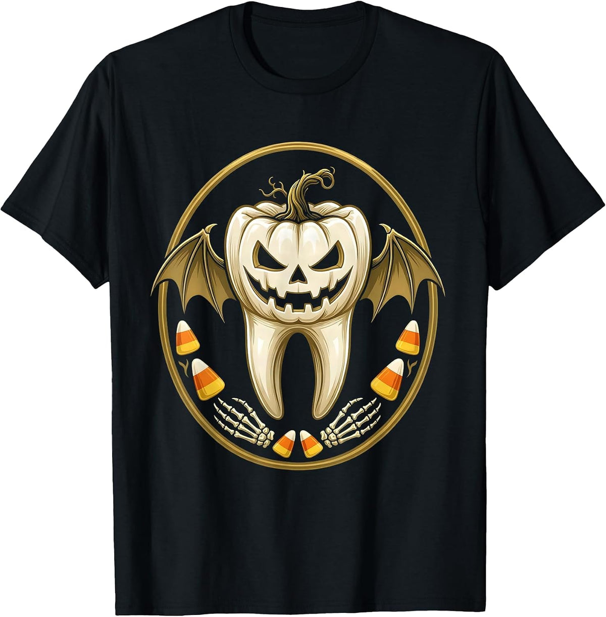 Men's Halloween Jack-O-Lantern Molar Dental Tooth Design T-Shirt - Black