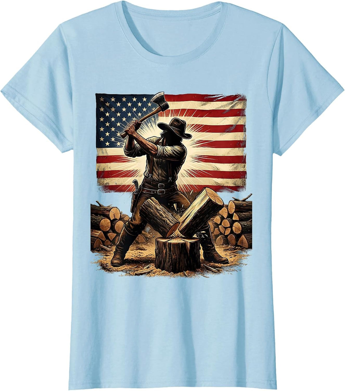 American Flag Wood Chopper Patriotic Graphic T-Shirt - Baby Blue