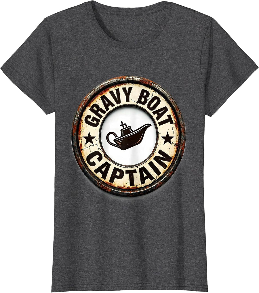 Women's Gravy Boat Captain Funny Thanksgiving Family Matching Crew T-Shirt - Dark Heather Grey