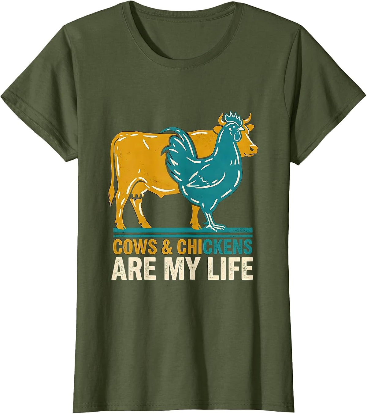 Women's Cows & Chickens Are My Life Midcentury Modern Farm Animal T-Shirt - Olive Green