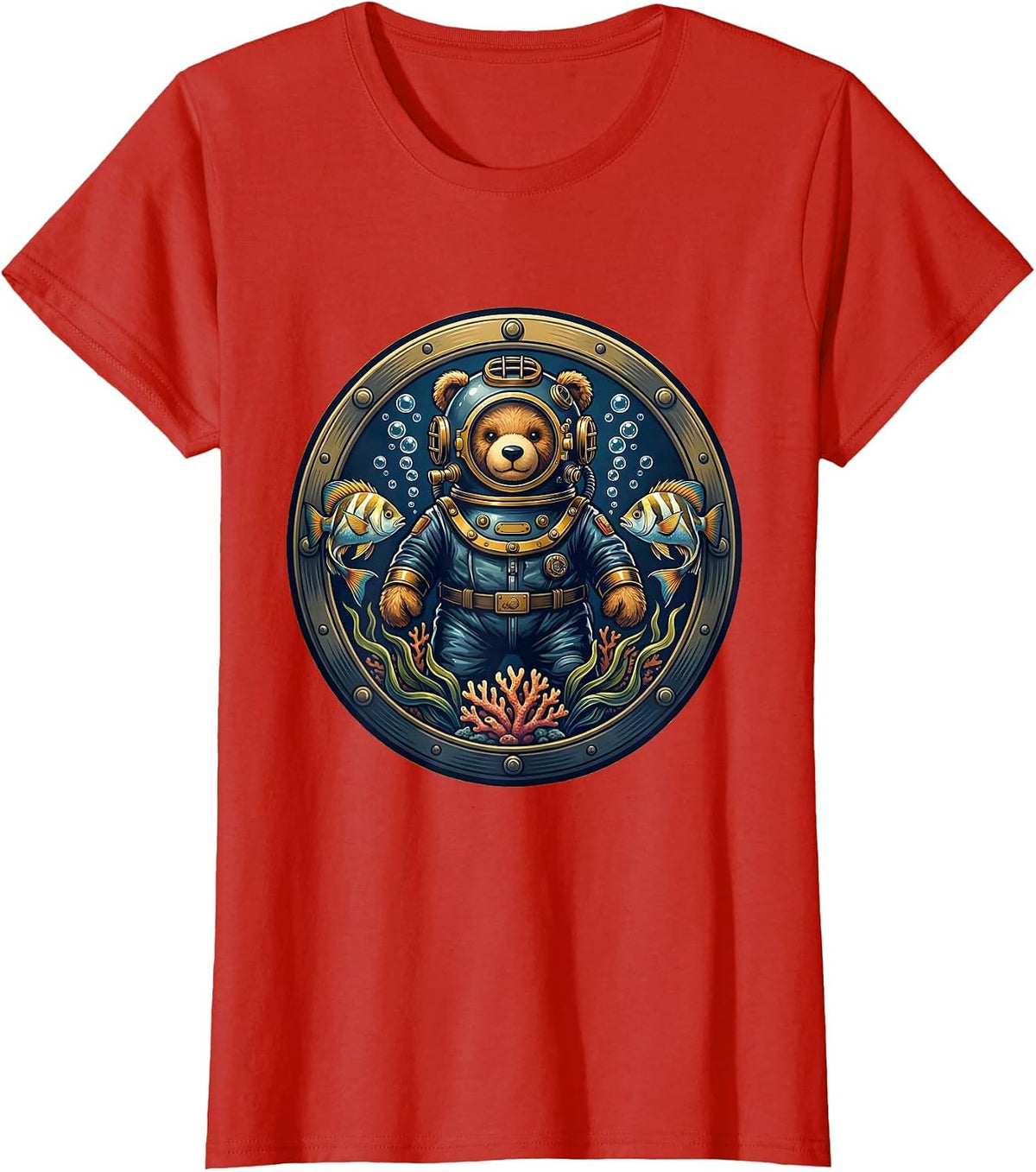 Teddy Bear Deep Sea Diver Underwater Adventure T-Shirt - Red
