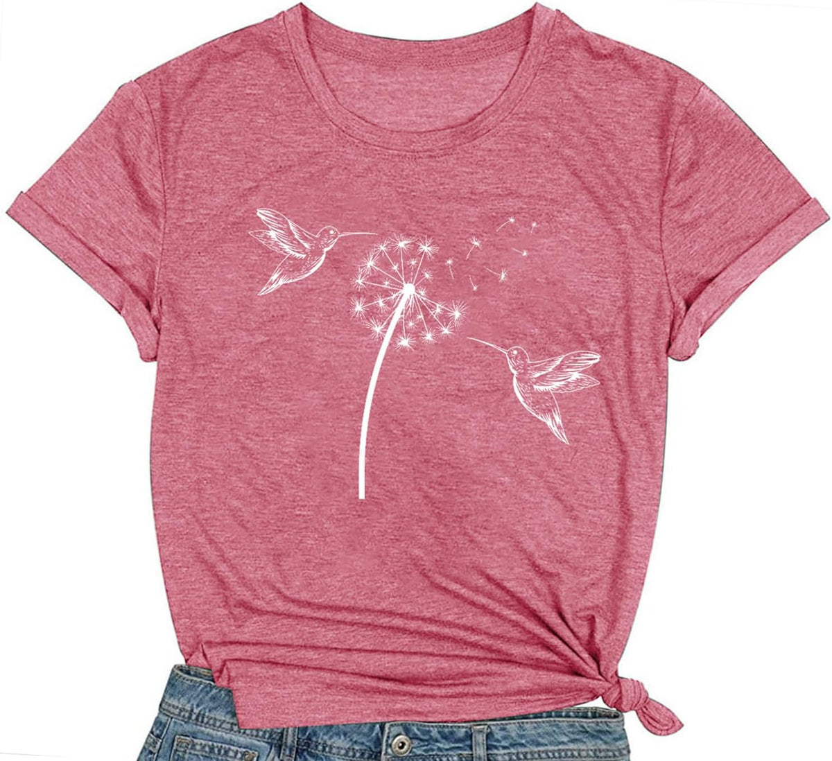Bird Shirts for Women Dandelion Hummingbird Print Tshirt Bird Lover Birdwatching Tee Tops - Pink