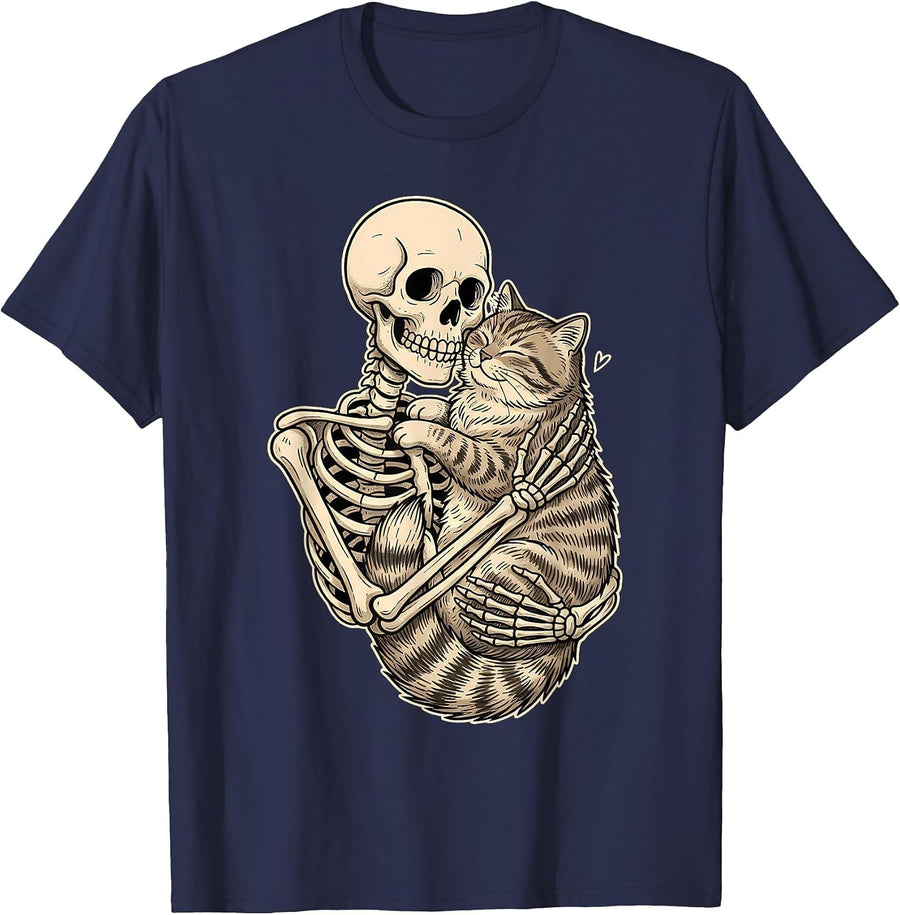 Skeleton Hugging Cat Kitten Kitty Lover Pet Mom Cat Dad T-Shirt - Navy Blue