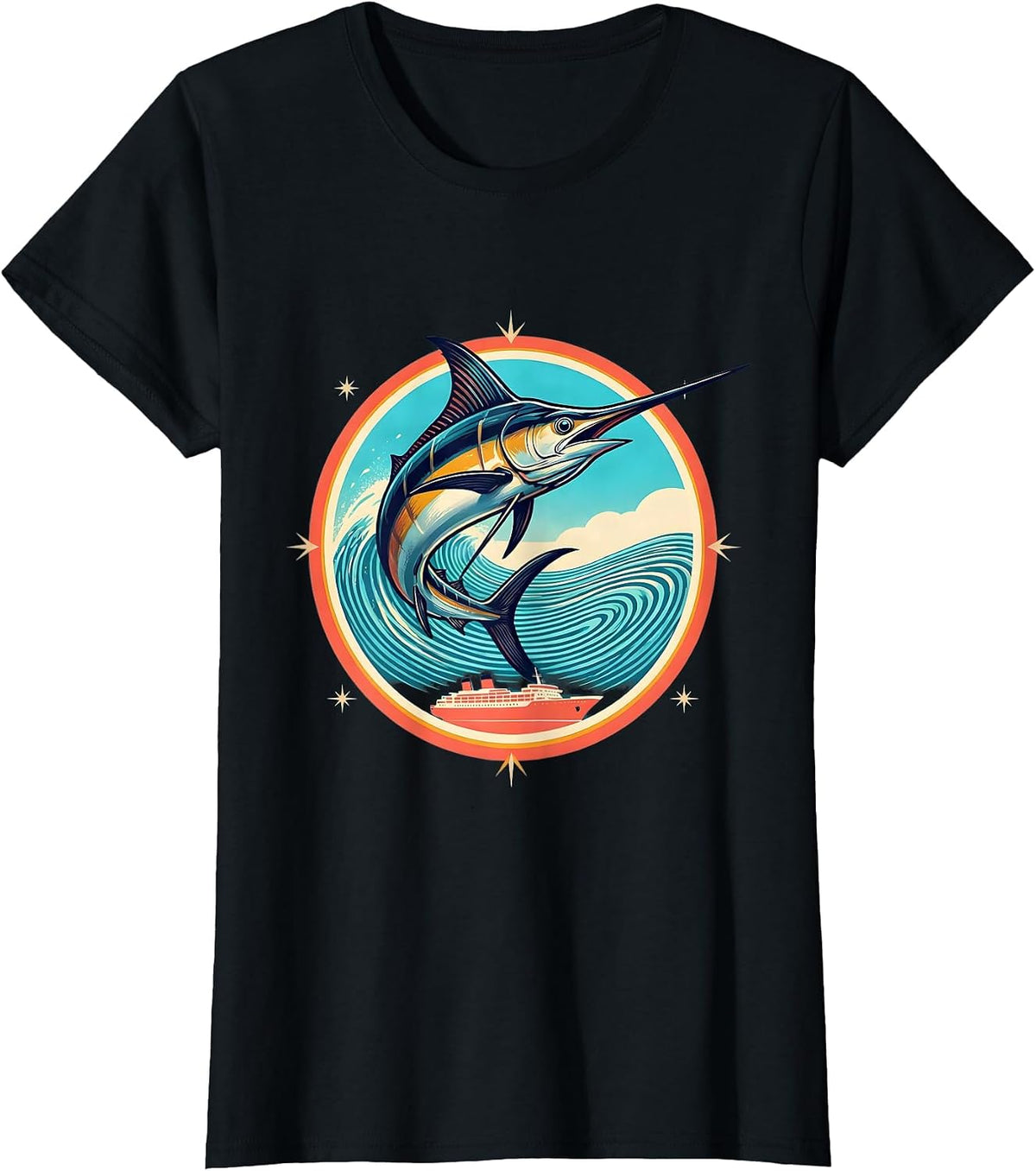 Giant Marlin Leaping Over Ship Wake Cruise T-Shirt - Black