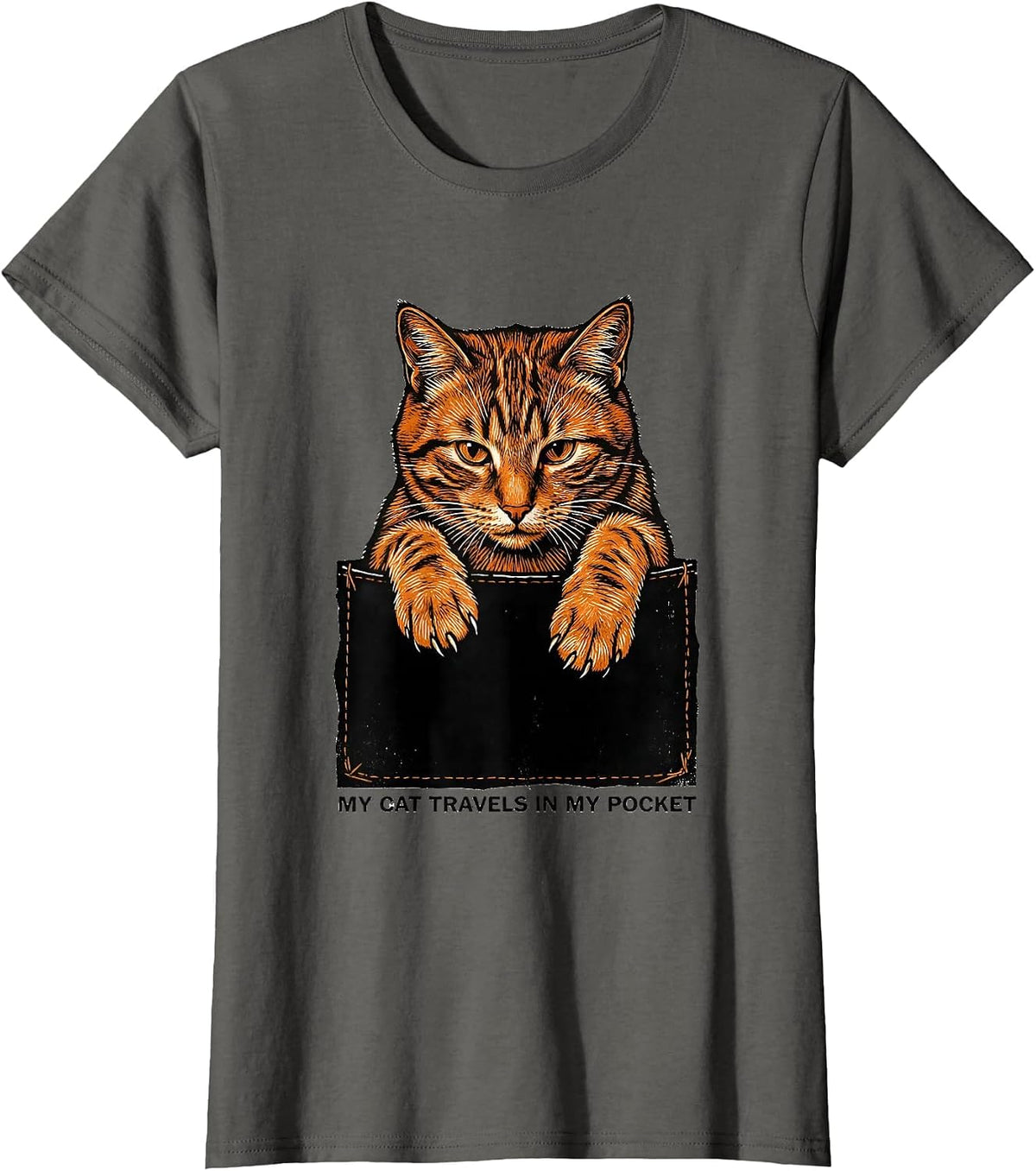 Women's My Cat Travels In My Pocket Playful Cat Lover Linocut T-Shirt - Asphalt Grey