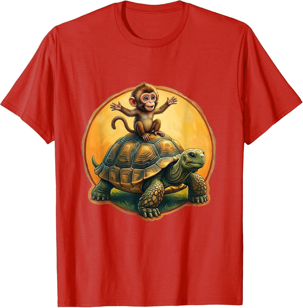 Tiny Monkey Riding Giant Tortoise Funny Animal Art T-Shirt - Red