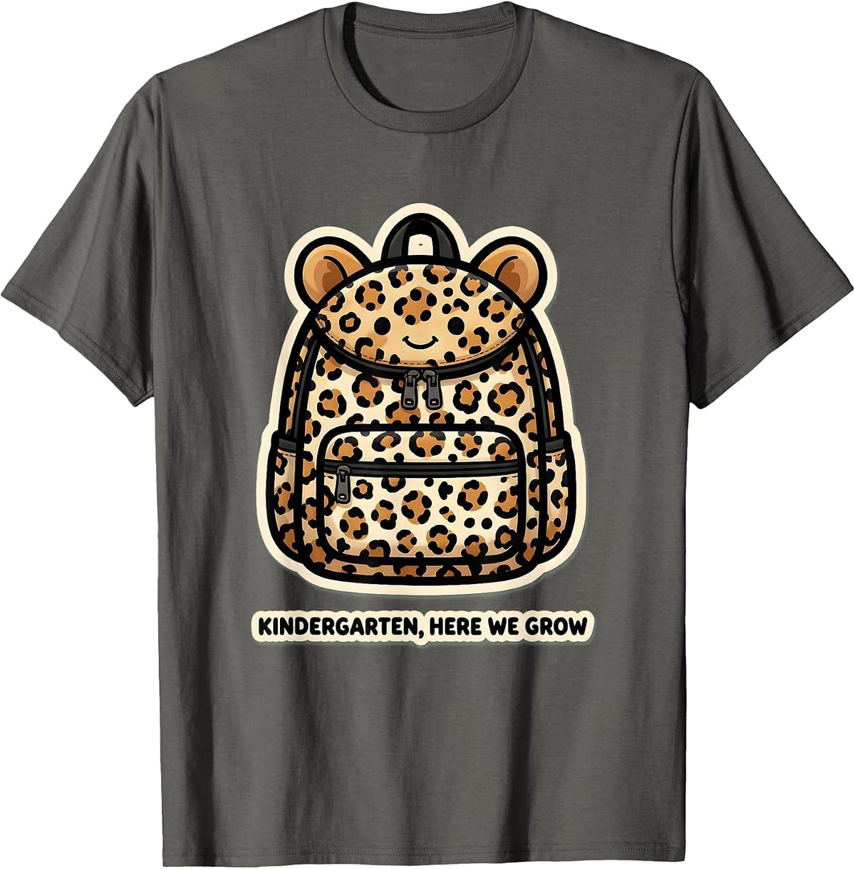 Kindergarten, Here We Grow Cute Leopard Print Teacher Back T-Shirt - Asphalt Grey