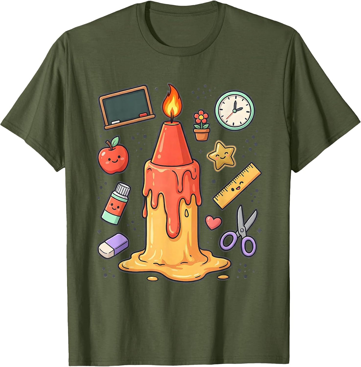 Kindergarten Teacher Melting Crayon Candle Graphic T-Shirt - Olive Green